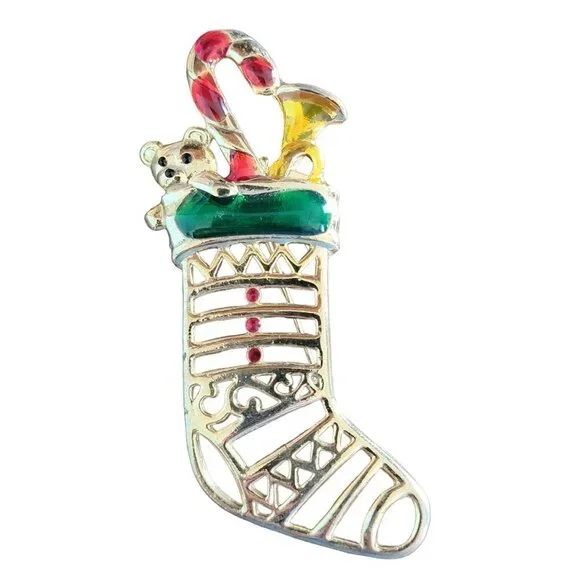 Vintage Christmas Snowman & Stocking Brooch Pin Lot Festive Jewelry Set of 2 - Picture 4 of 5